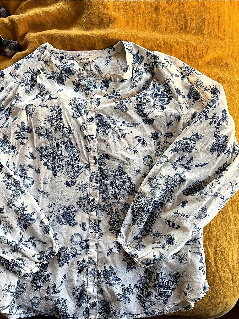Lucky Brand Floral Blouse in White & Blue Like New